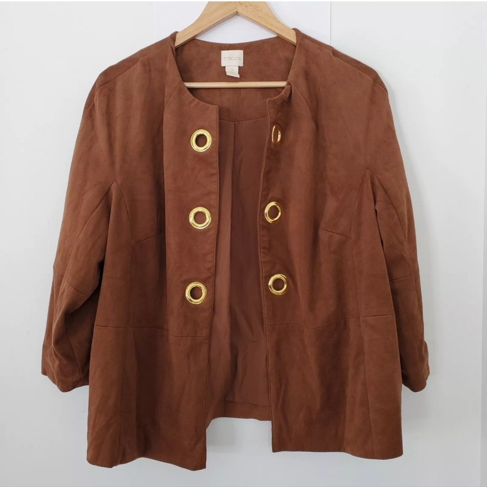 CHICO'S 2/US L Soft Brown Faux Suede Gold Grommet Open Jacket 3/4 Sleeves EUC